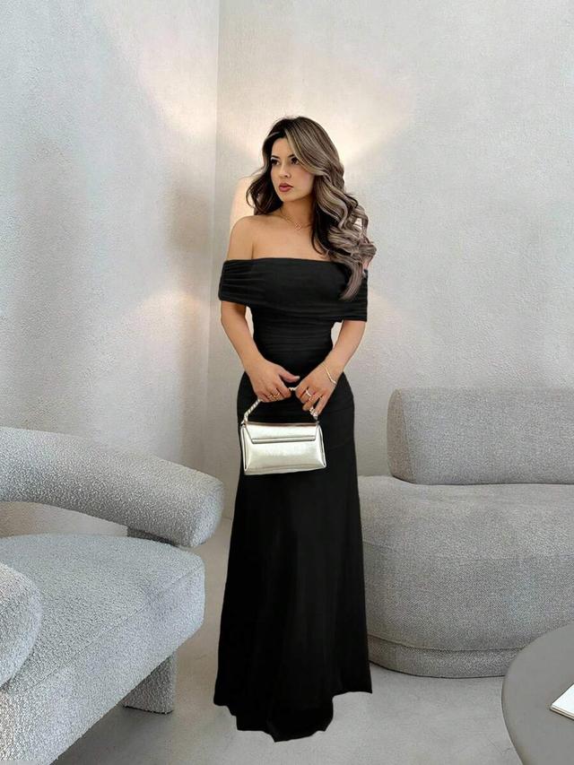 elegant black off shoulder ruched waist maxi dress