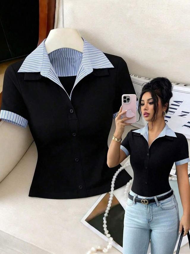 black knit polo shirt with striped collar and cuffs