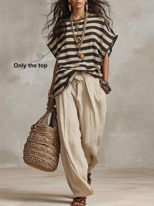 french elegant woven striped round neck blouse