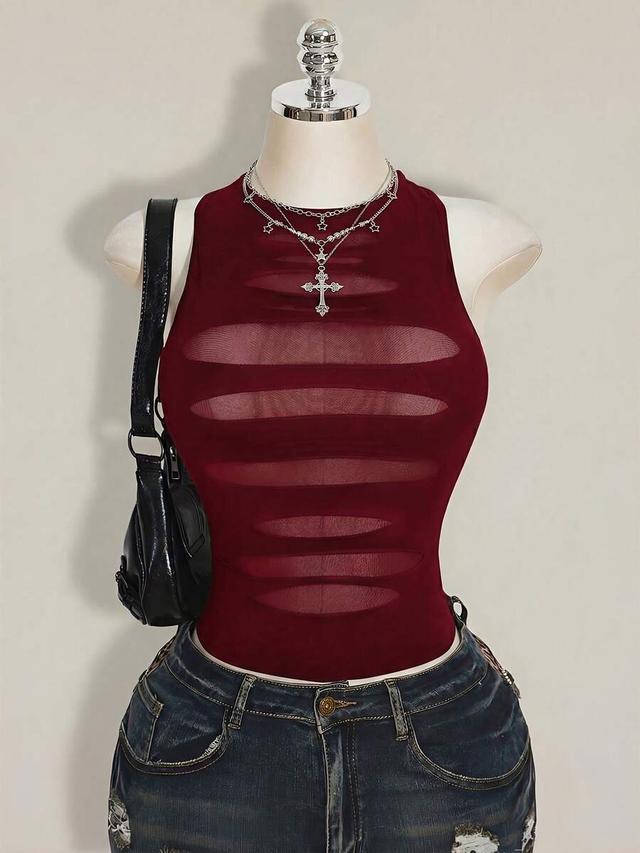 burgundy mesh patchwork sleeveless casual goth top