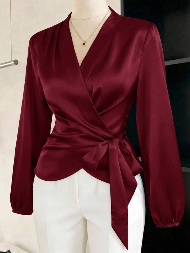 burgundy satin long sleeve wrap blouse