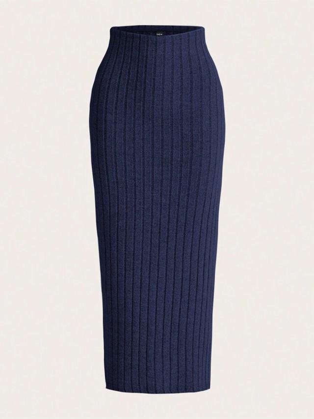 navy blue ribbed knit midi skirt