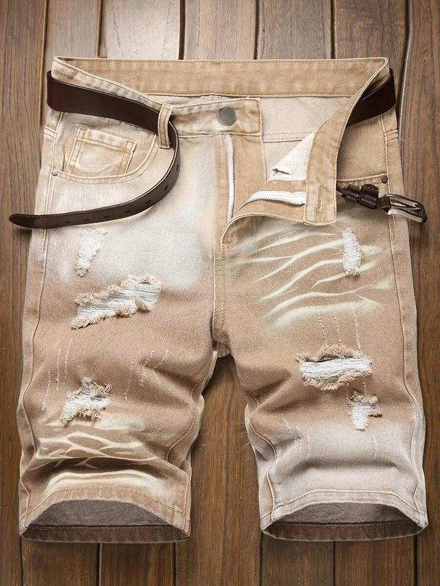 men's distressed color block slim fit denim shorts