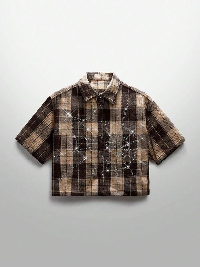 brown plaid short sleeve shirt with crystal spider web
