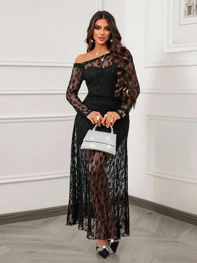 black off-shoulder long sleeve sheer lace dress