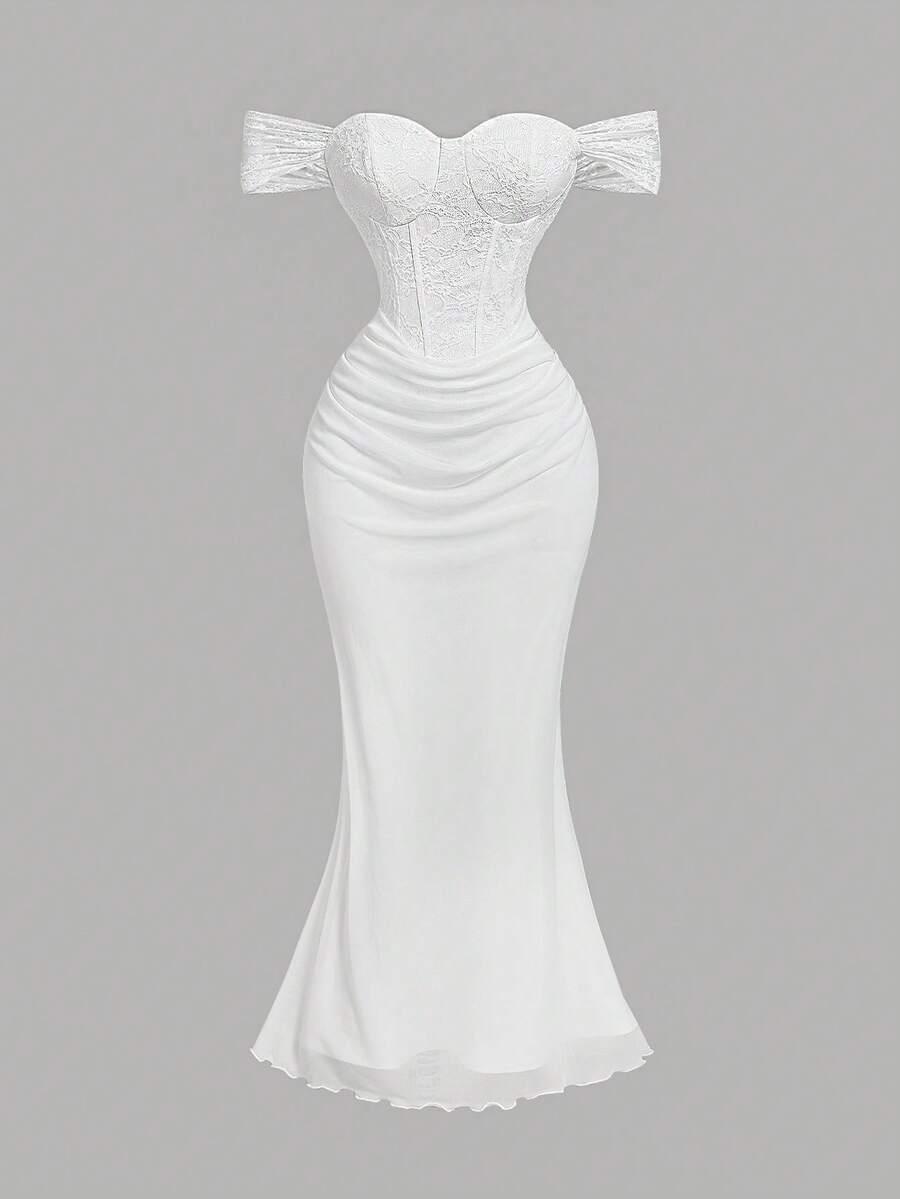 white lace splice off-shoulder fishtail evening gown