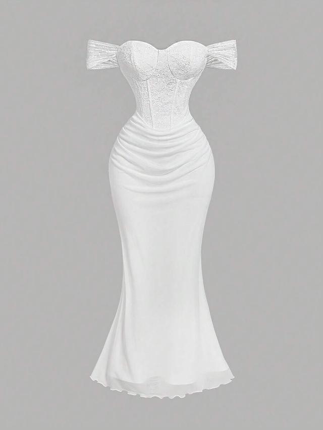 white lace splice off-shoulder fishtail evening gown