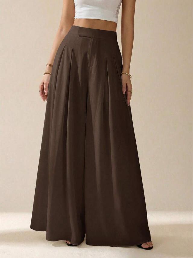 solid brown pleated wide leg trousers