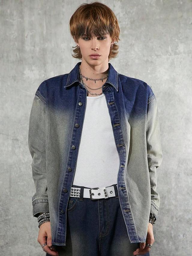 blue grey color block denim shirt
