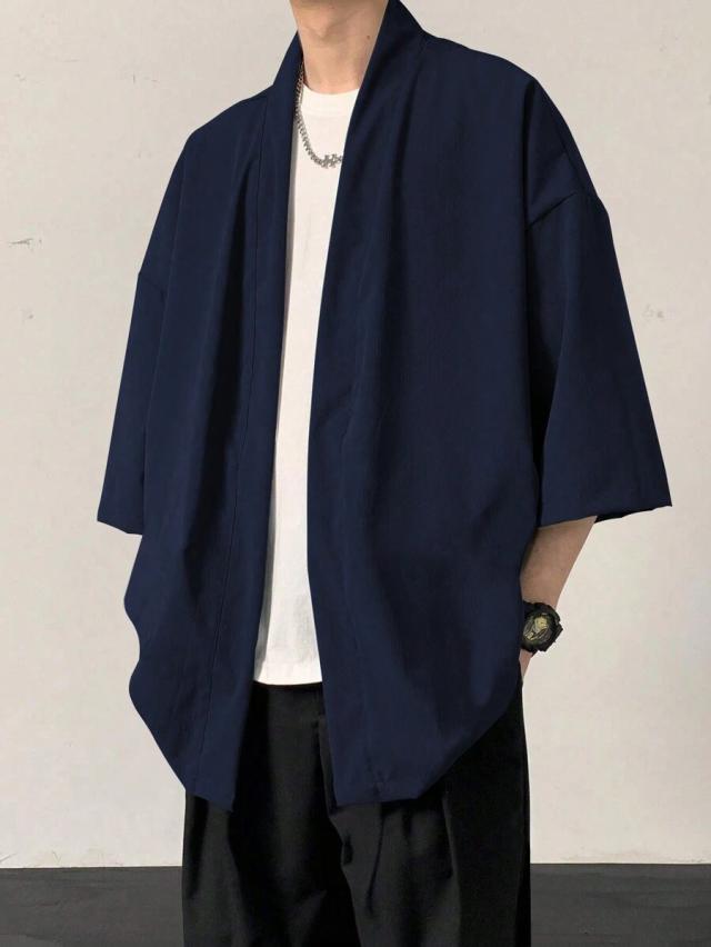 navy solid color wide-leg kimono shirt