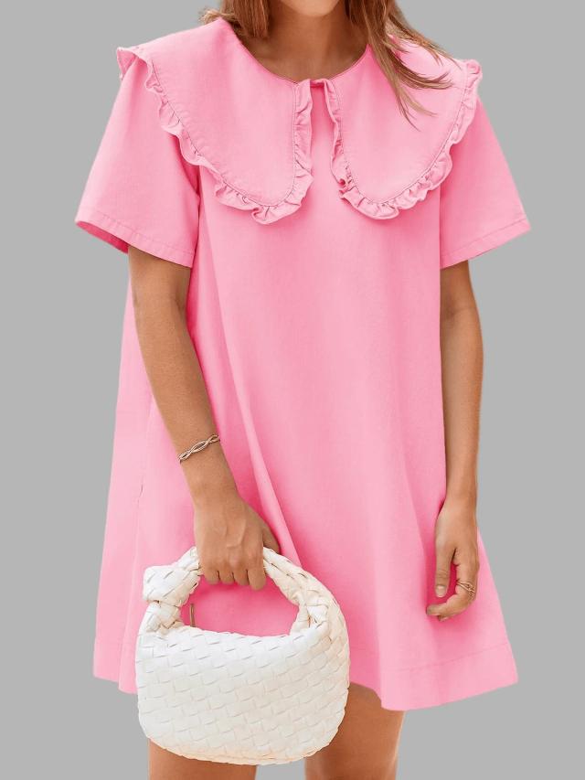pink cotton shift dress with ruffled collar