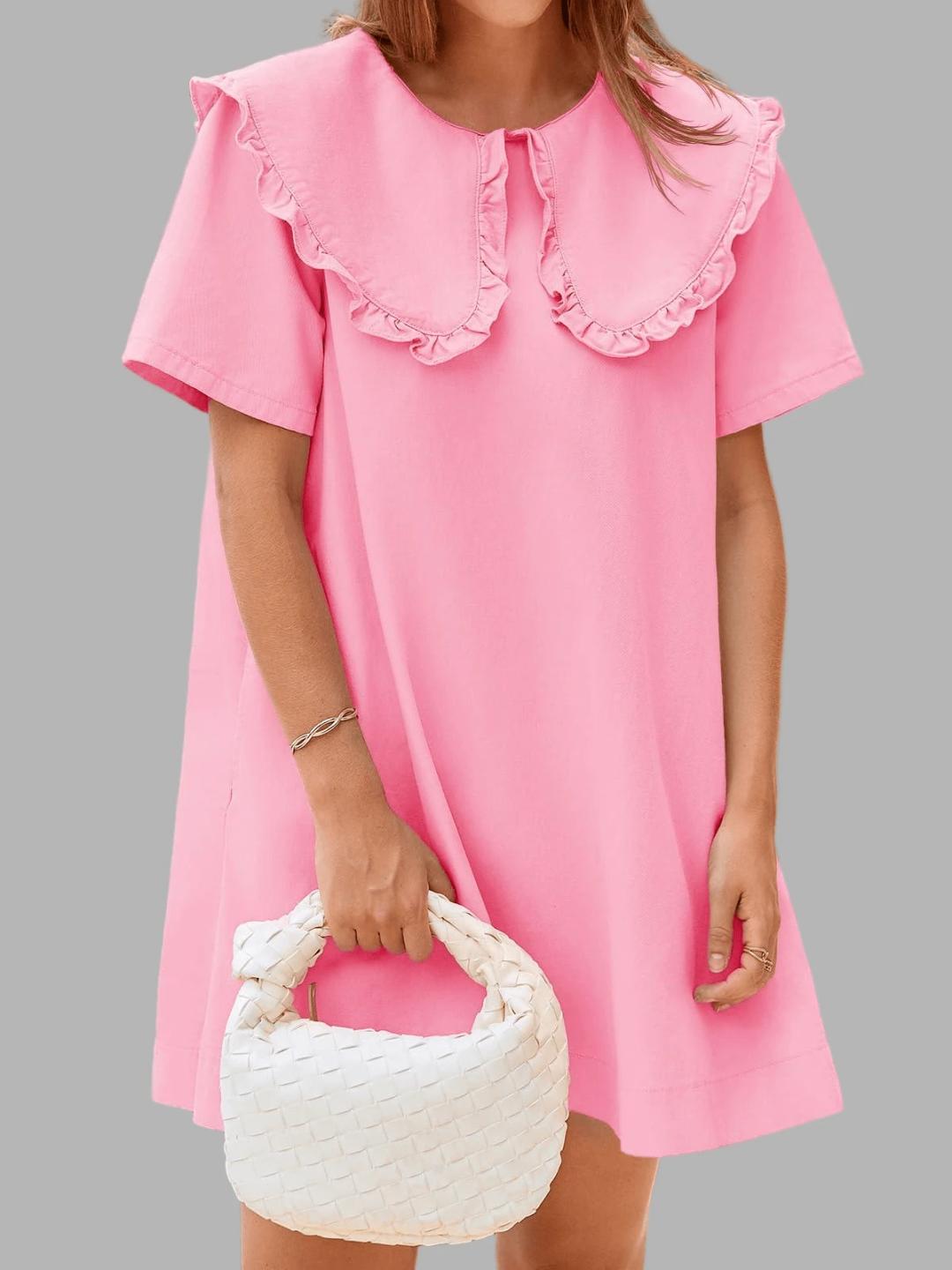 pink cotton shift dress with ruffled collar