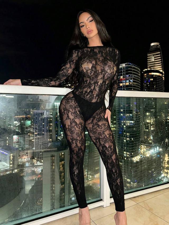 black floral lace long sleeve jumpsuit