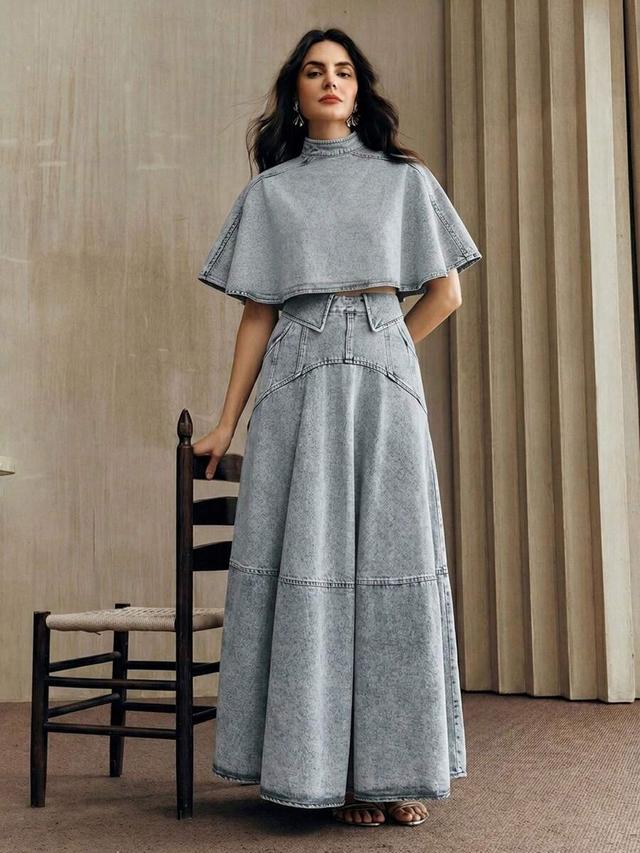 acid wash denim coord set with cape top