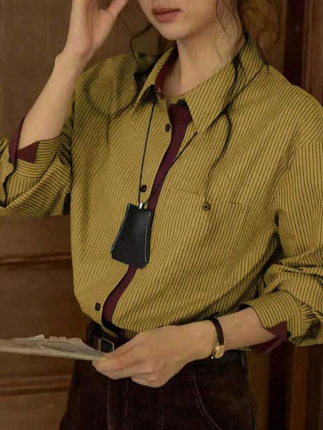 women's casual striped print patchwork pocket long sleeve shirt