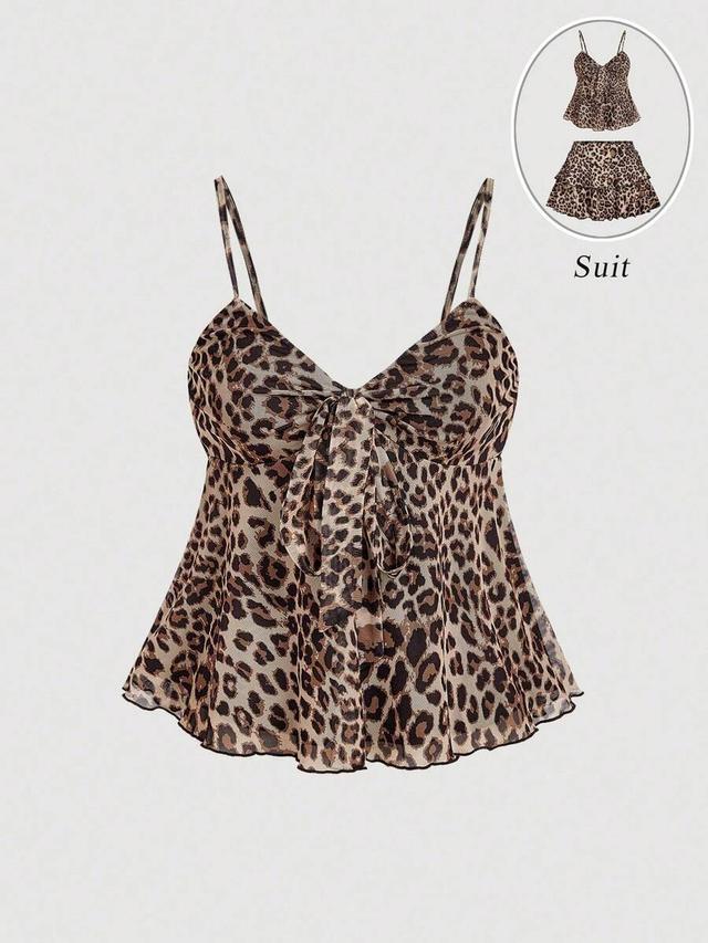 leopard print ruffle hem tie front camisole