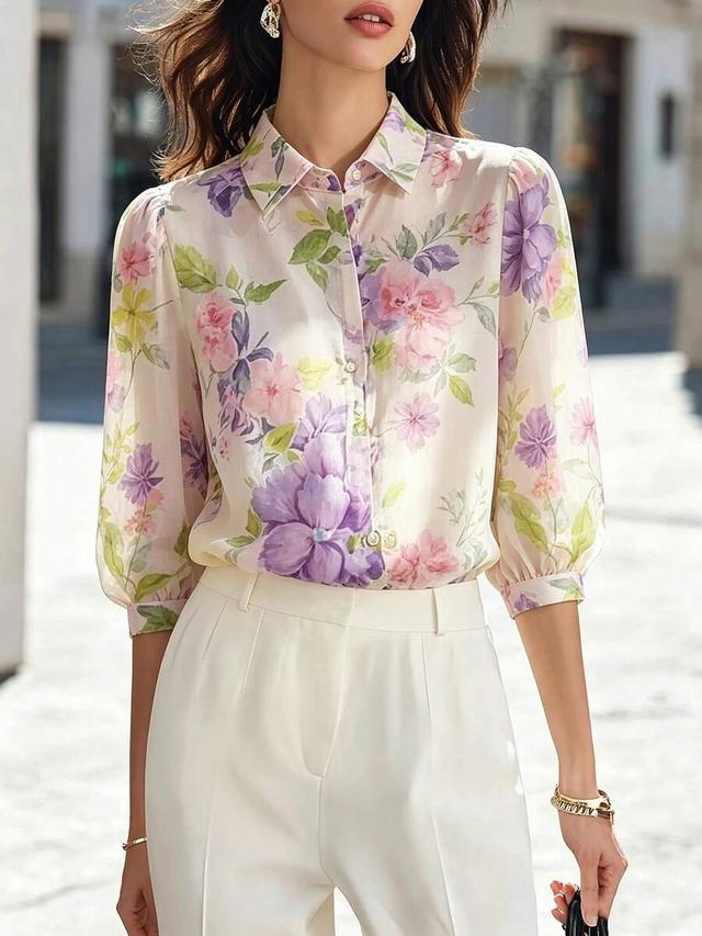 floral print chiffon button-up blouse