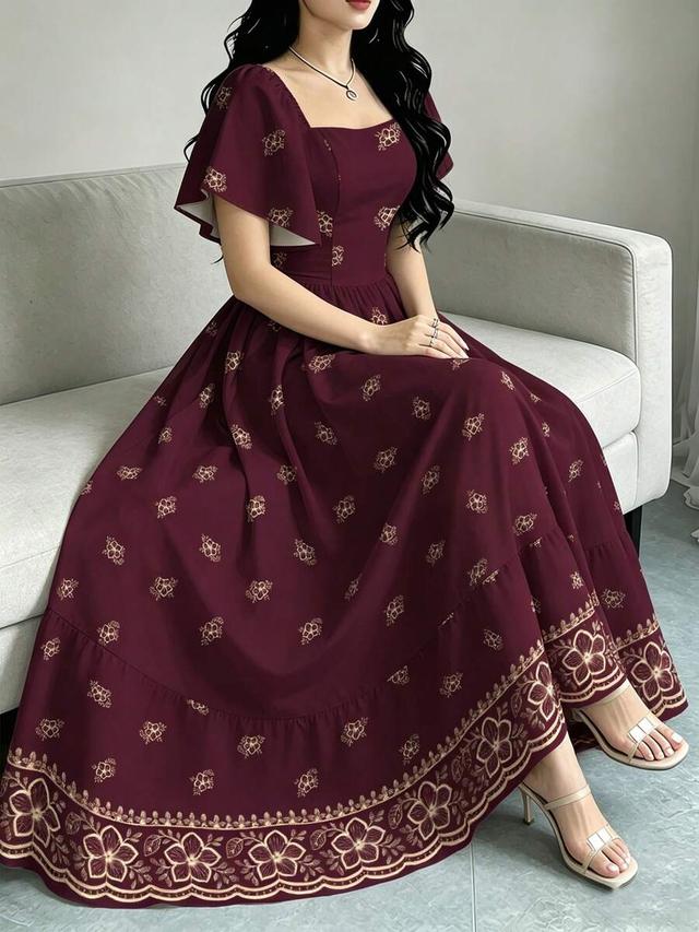 peach blossom floral print elegant purple midi dress