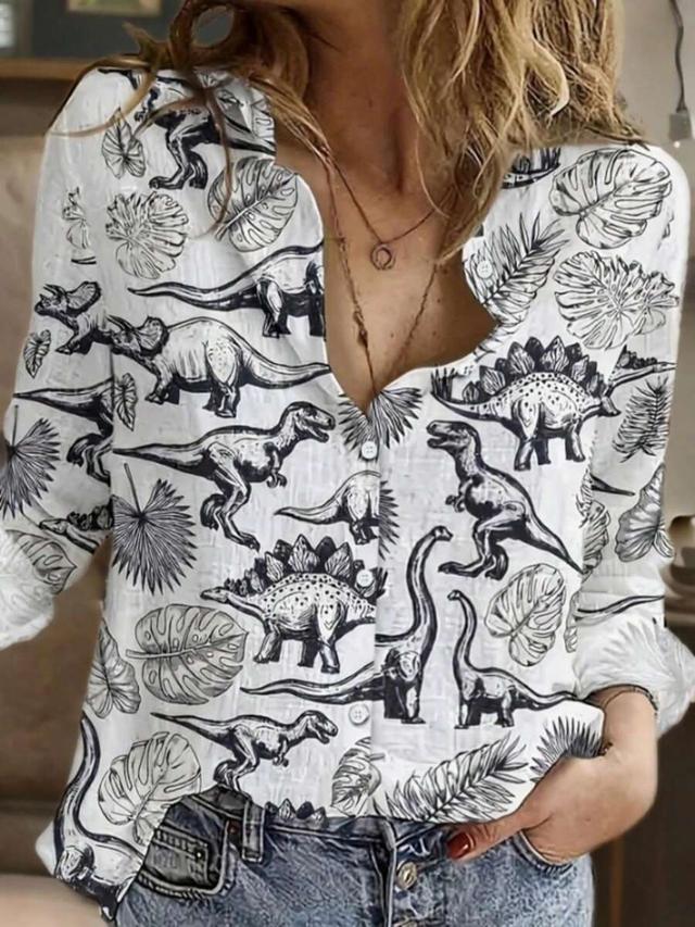 women's casual dinosaur print button-down shirt
