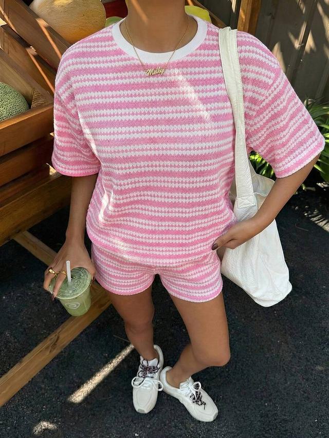 light pink striped knit t-shirt and matching shorts