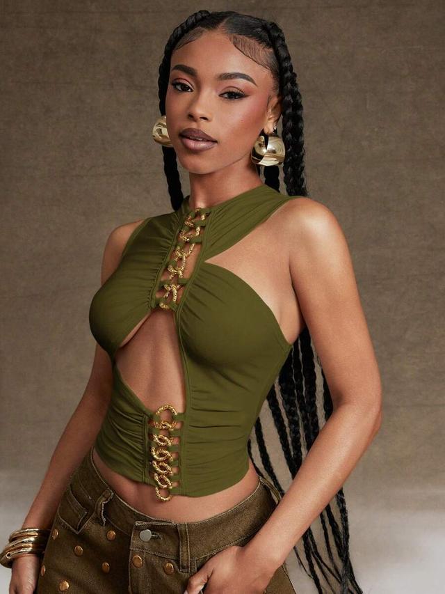 olive green chain detail cut out festival top