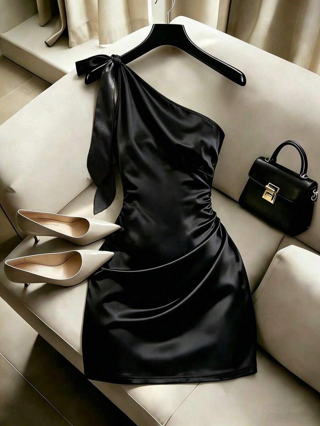 black one-shoulder satin tie-strap slim fit mini dress