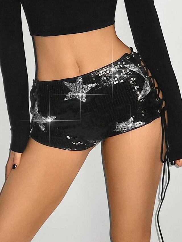sequin embellished star pattern lace-up mini shorts