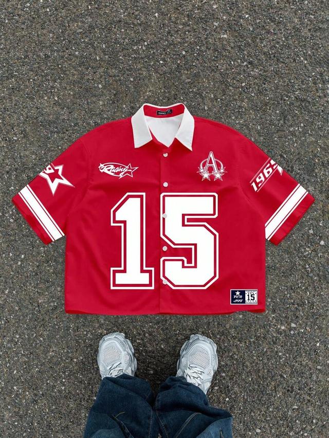 red and white contrast sports print cropped shirt