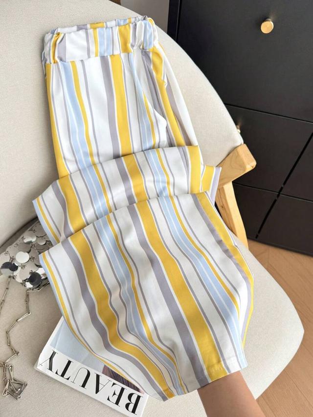 laid-back striped color-blocking casual elastic waist pants