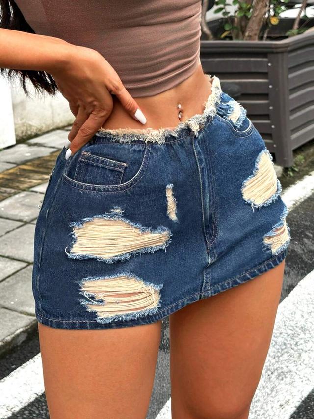 distressed denim mini skirt with raw edge