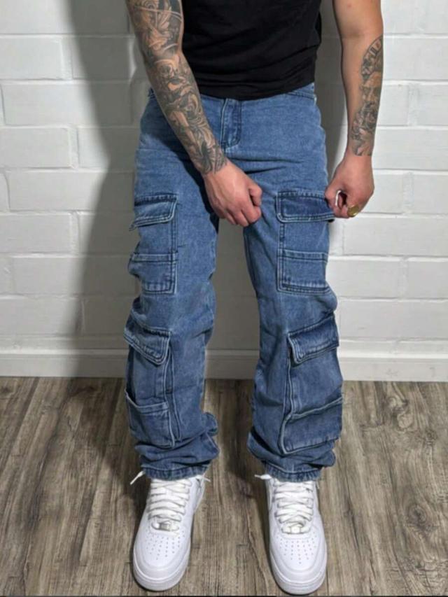men's distressed washed blue denim cargo straight leg pants