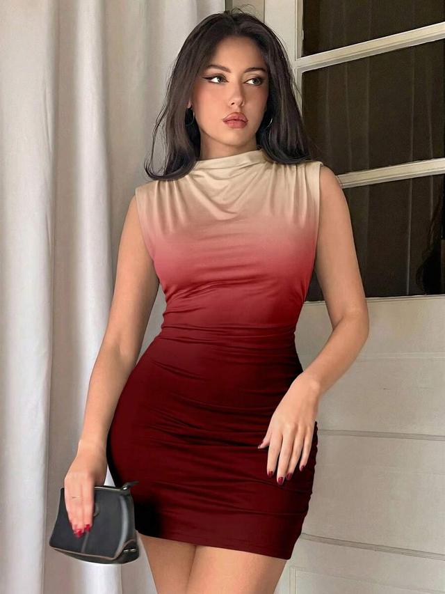 dark red ombre ruched bodycon mini dress