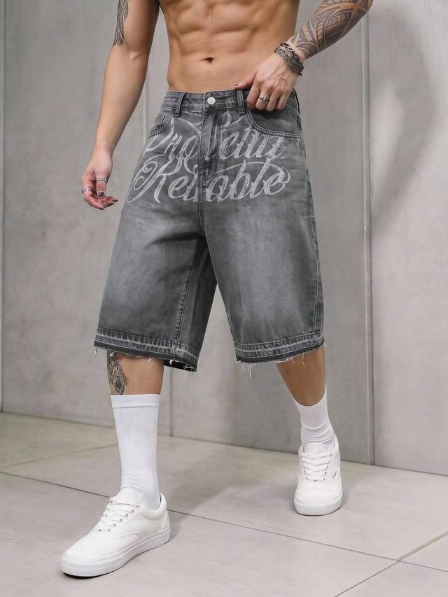 washed grey denim shorts with graphic letter design