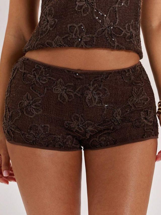 brown floral sequin knit jacquard micro shorts