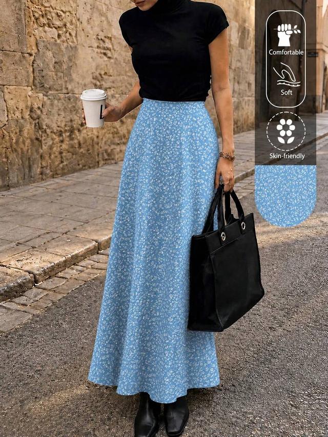blue ditsy floral high waist a-line skirt