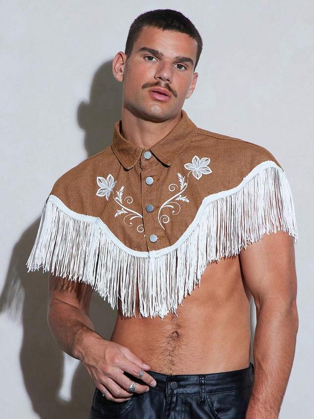 brown washed cotton sleeveless western shirt with fringe
