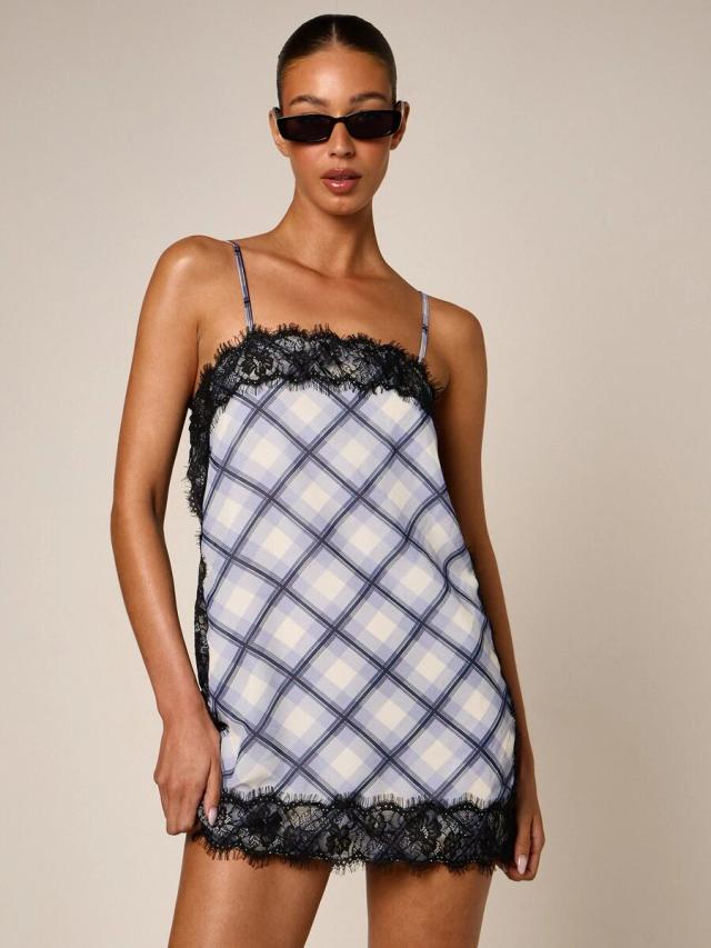 plaid check print mini slip dress with lace trim