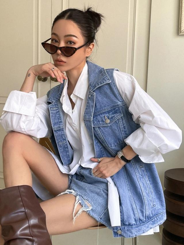 classic blue denim vest with chest pockets