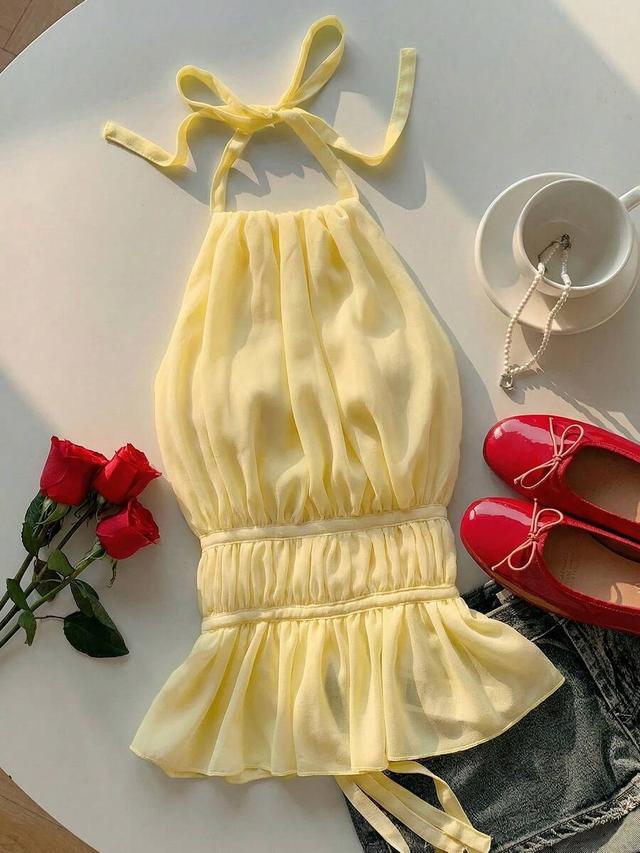 yellow pleated halter backless cinched waist camisole