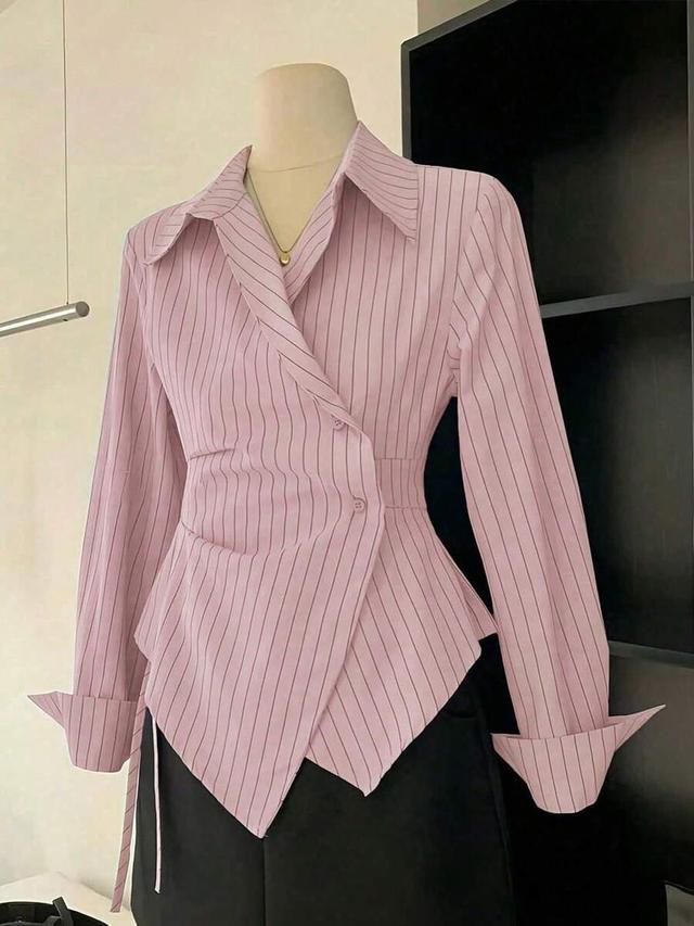 women's pink striped wrap button-front asymmetrical hem shirt
