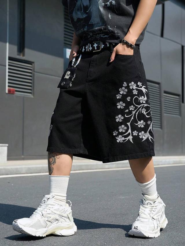 embroidered black wide leg denim shorts