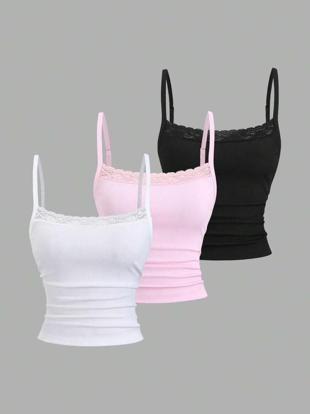 black elegant lace trim ribbed camisole tank top