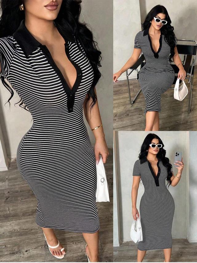black and white striped ribbed polo midi dress