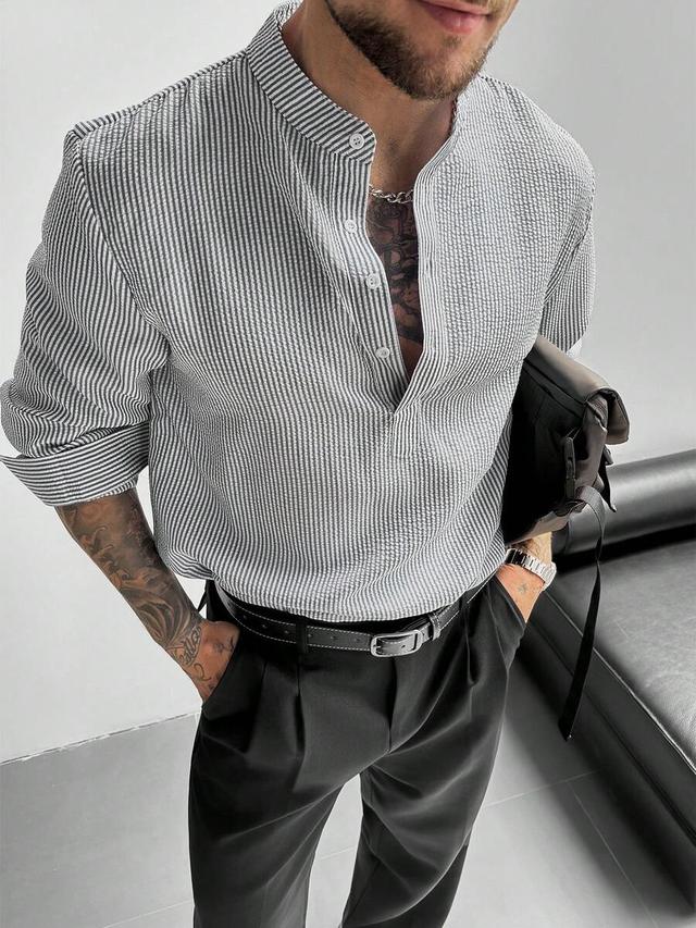 striped half-placket stand collar linen shirt