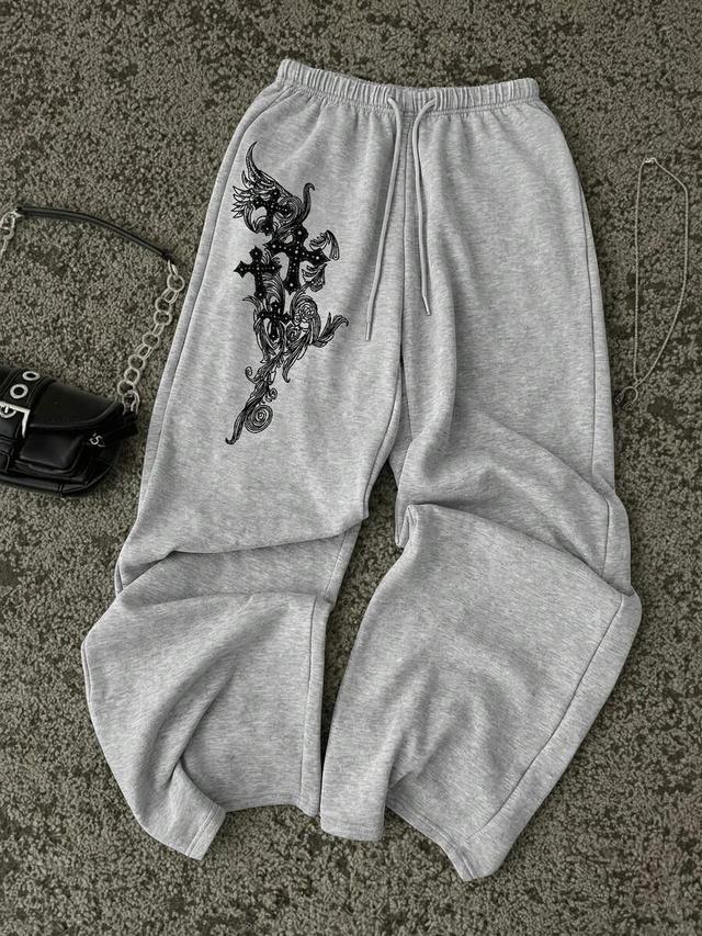 grey cross floral print wide leg sweatpants