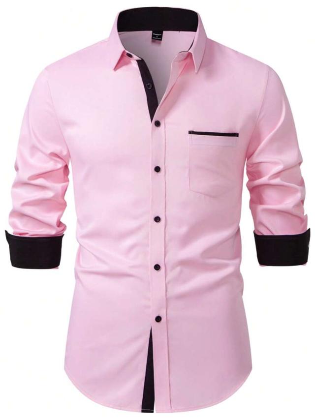 men's pink color block long sleeve formal shirt