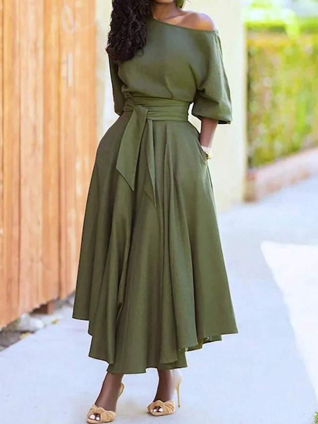 olive green off-shoulder tie-waist asymmetrical midi dress