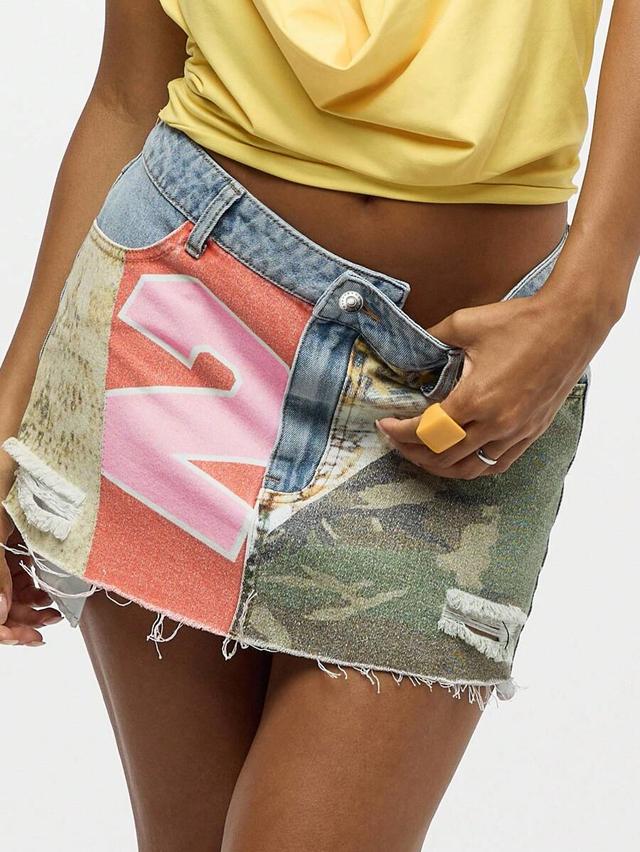 multicolor patchwork denim mini skirt with distressed details
