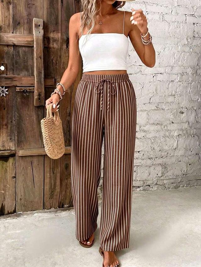 brown and white striped high waist casual pants