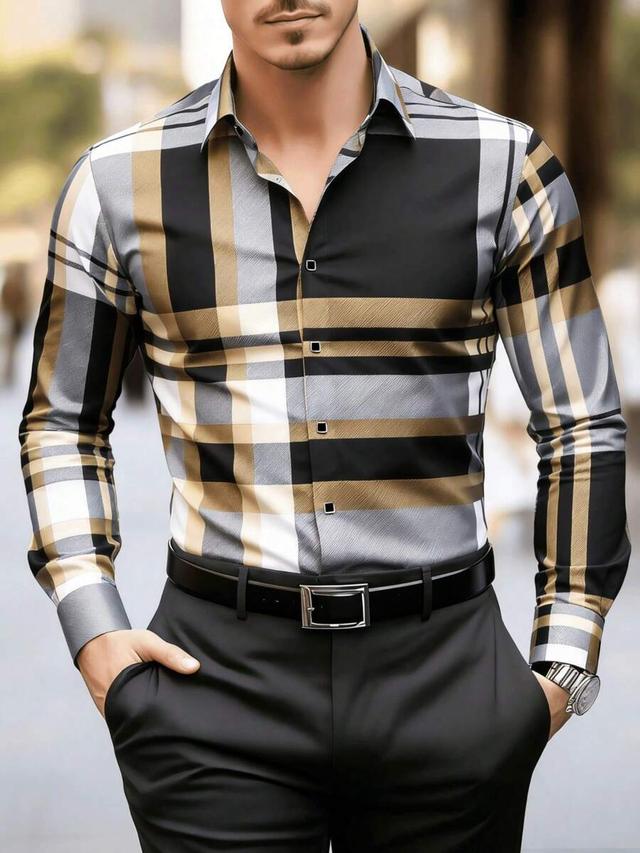 men's classic gray-blue grid stripe long sleeve shirt